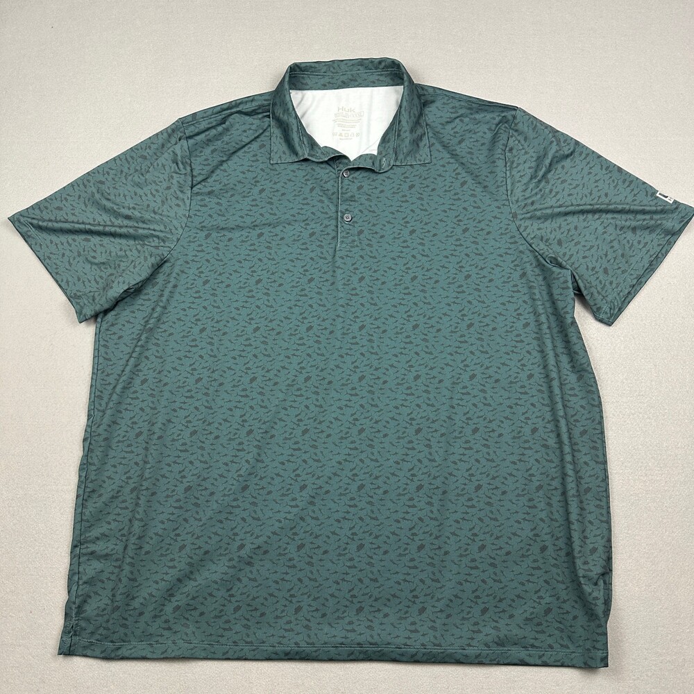 Huk Polo Men 3XL Green Fish Print Performance Short Sleeve Fishing Shirt XXXL